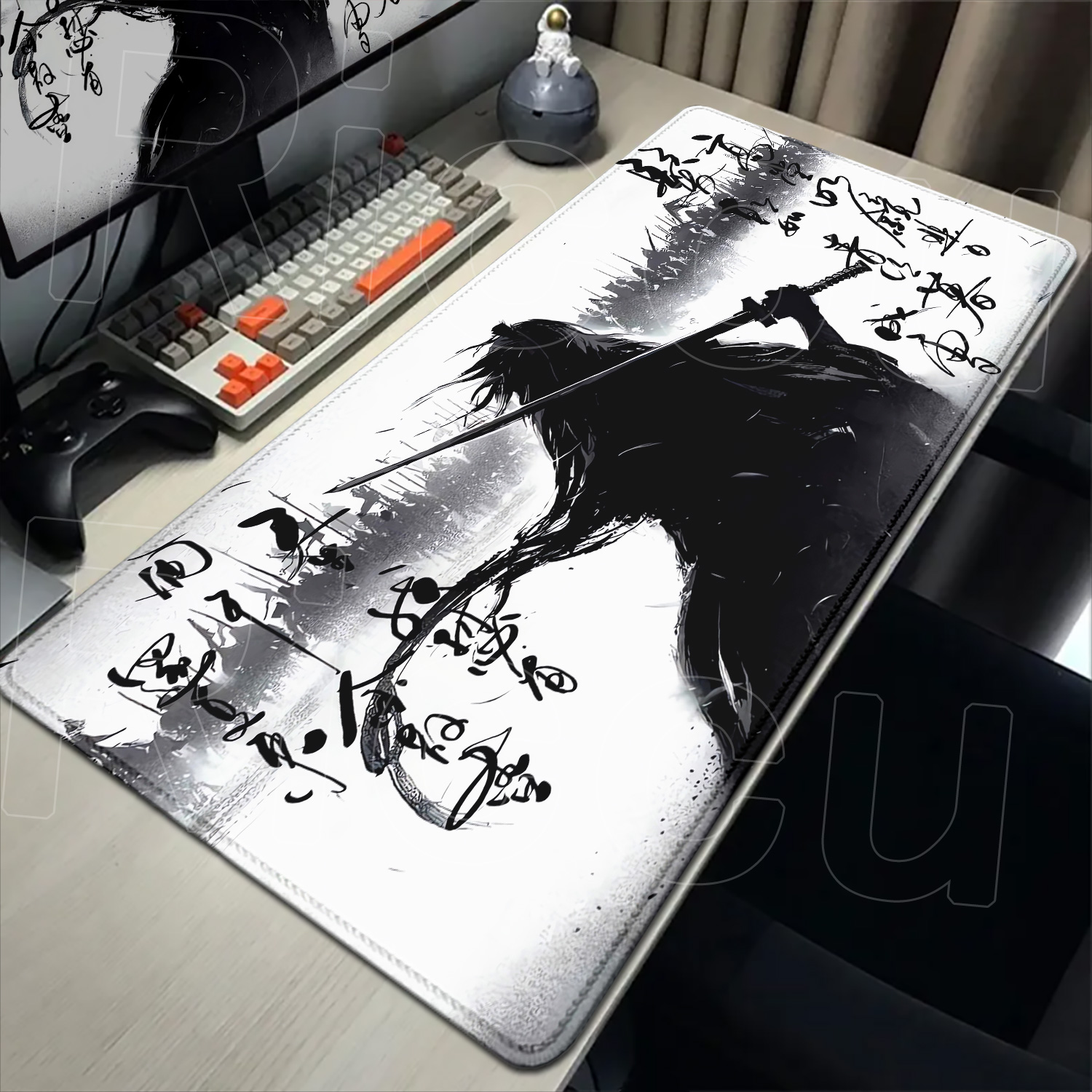 Pc Gaming Drawing - Podkładka pod mysz Samurai Warrior, czarno-biała,